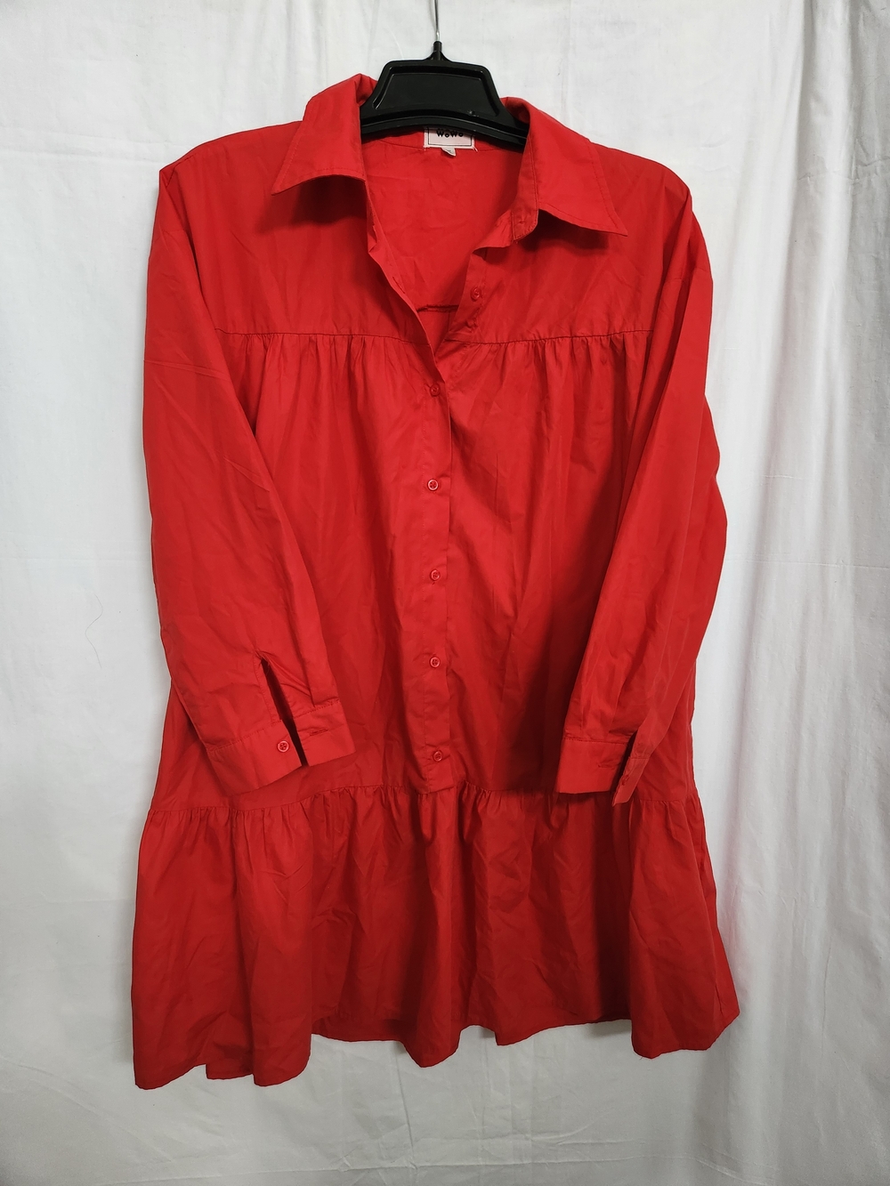 Bright Red Button-Front Tunic Dress with Collar